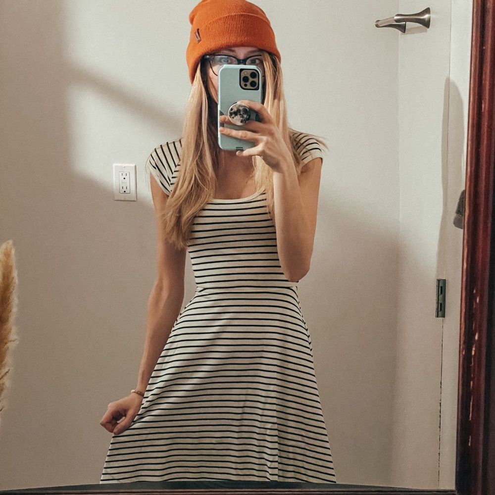 Striped, cross-back skater dress